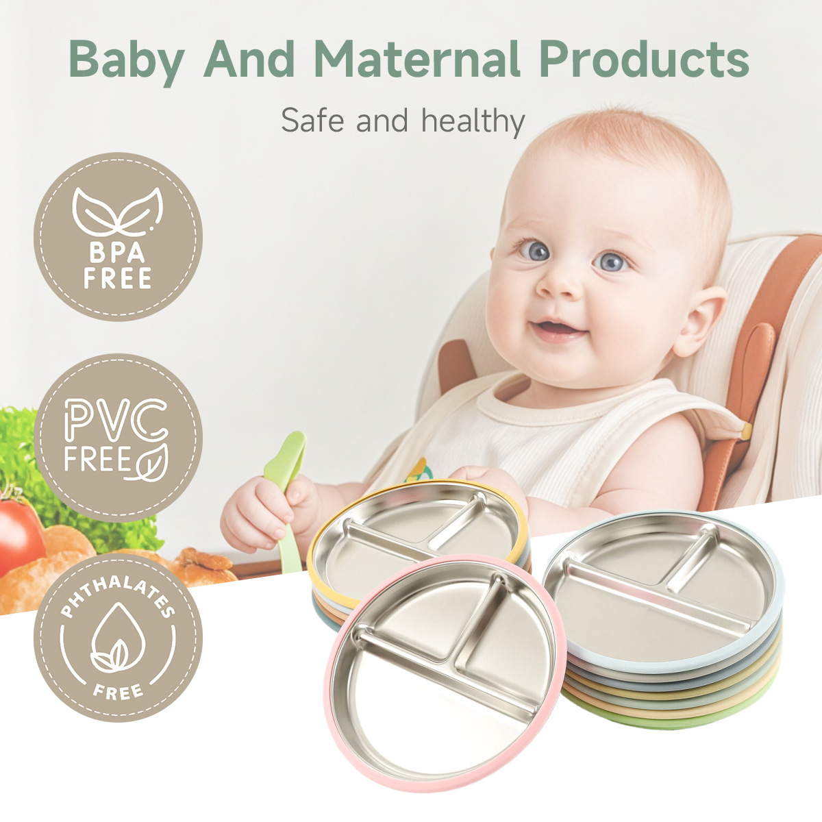 食品级不锈钢304儿童分餐盘儿童分格带吸盘20CM防滑宝宝餐具菜盘详情2