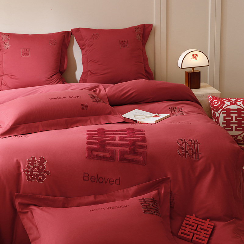 100-piece Chinese-style wedding character embroidery, all-cotton matte four-piece set, thickened autumn and winter wedding quilt cover, wedding room bedding pic 7