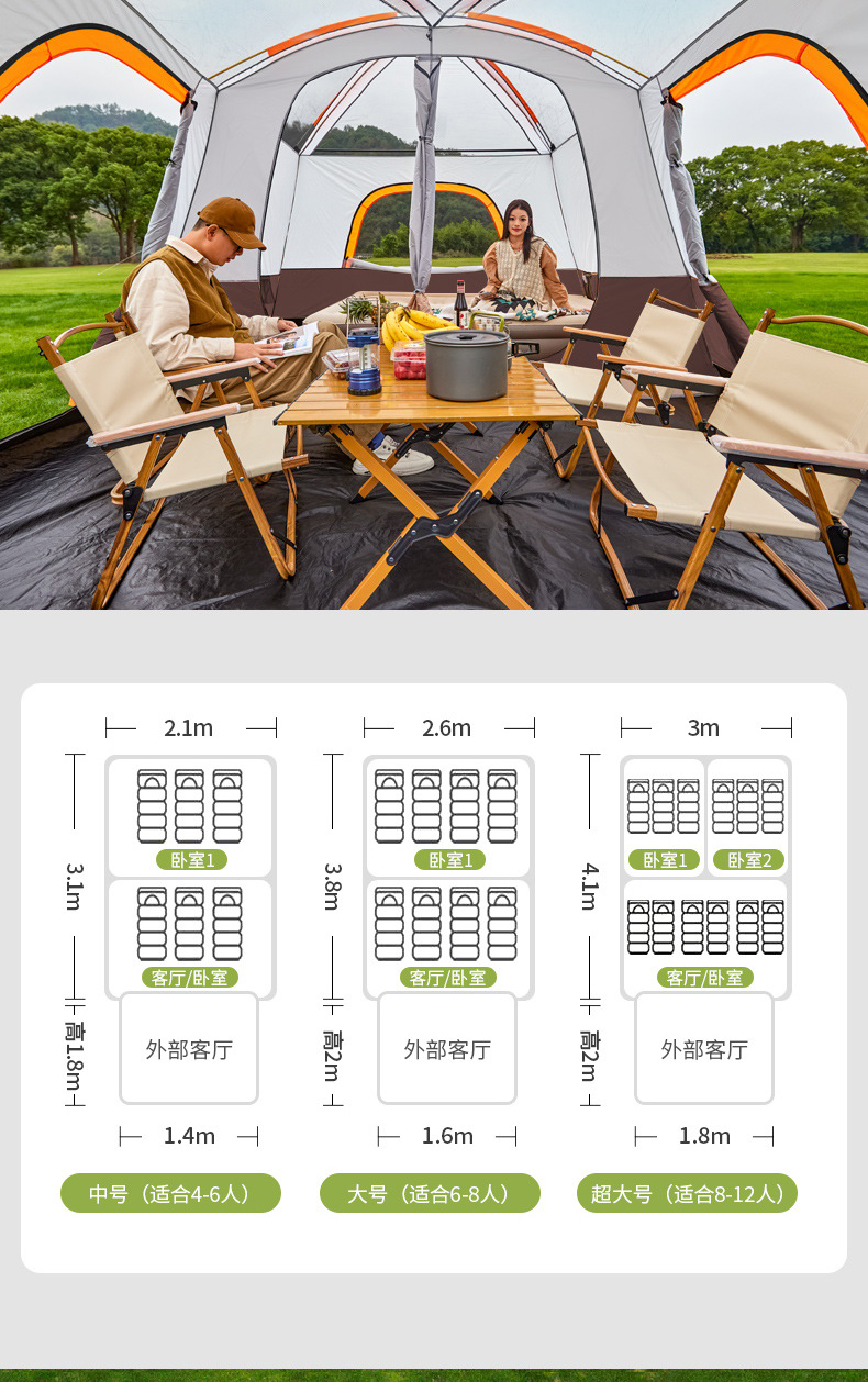 超大型户外帐篷便携式二室一厅野营用品防晒防雨露营帐篷适用多人详情7