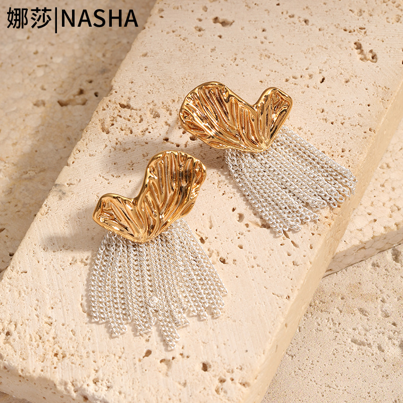 娜莎跨境黄铜复古流苏蝴蝶耳环女金银两色简约耳环S925银针养耳洞详情6