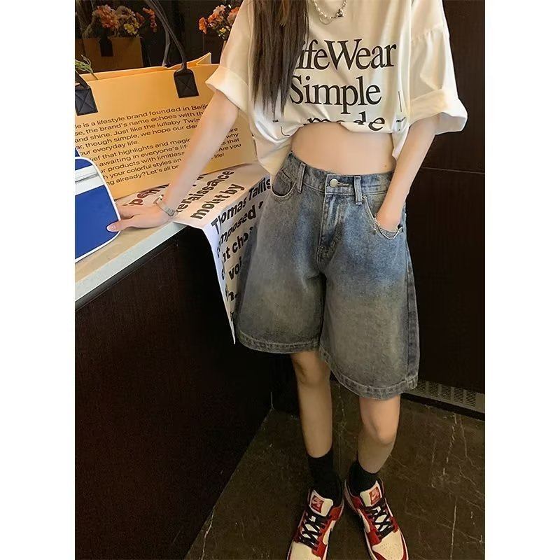 复古简约牛仔裤女宽松夏季新款高腰五分裤显瘦百搭五分直筒中裤潮详情2