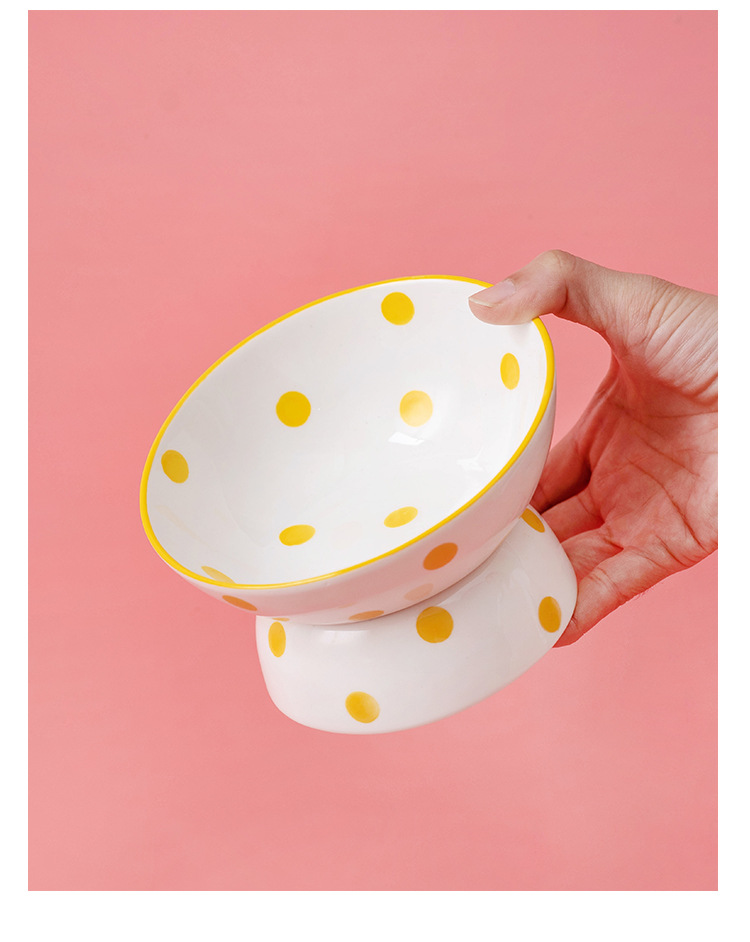Customized Hepburn-style polka dot cat bowl, ceramic high-legged spine protection pet bowl, slanted cat basin, easy-to-clean ceramic food bowl pic 7