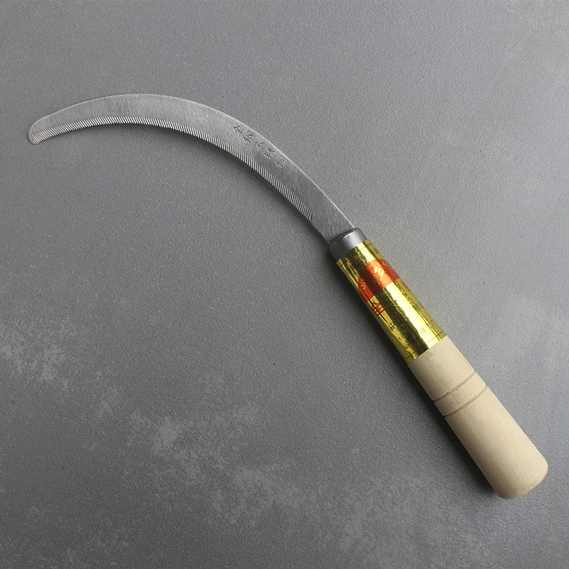 All-steel, wooden-handled, serrated, crescent sickle, fine-toothed, sharp, short-handled knife for cutting rice, grass, ropes and bags pic 4