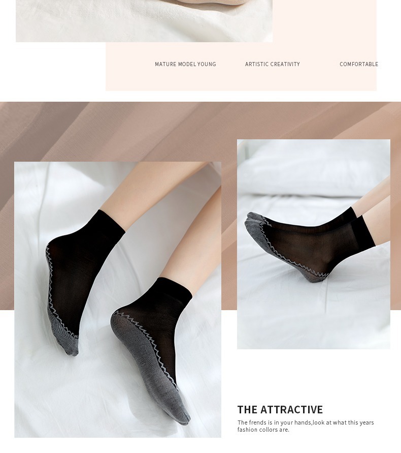 女士黑丝短袜子春夏防勾丝耐磨超薄棉底中筒肉色ins潮水晶袜批发详情18