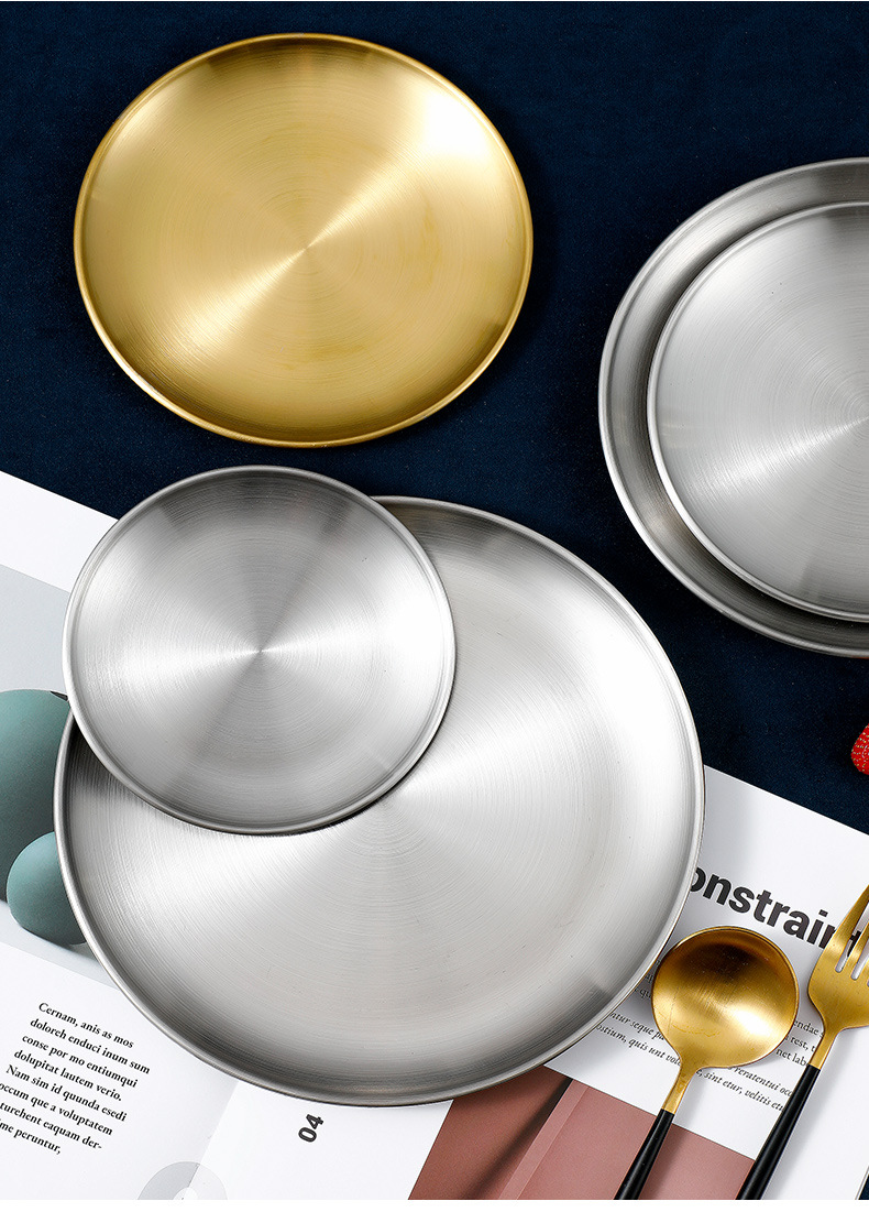304 Korean-style stainless steel barbecue plate, round and simple buffet plate, metal tray, barbecue fruit and dessert plate pic 18