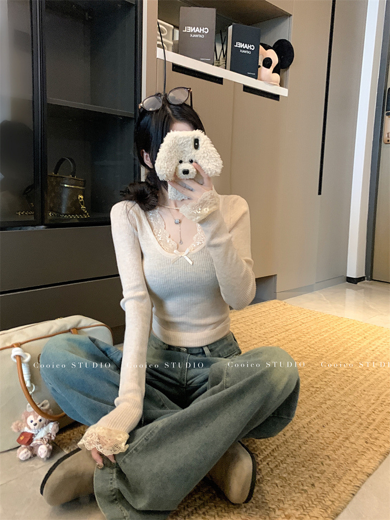 6035#复古蕾丝拼接针织衫新款修身显瘦纯欲风内搭打底长袖上衣女详情8