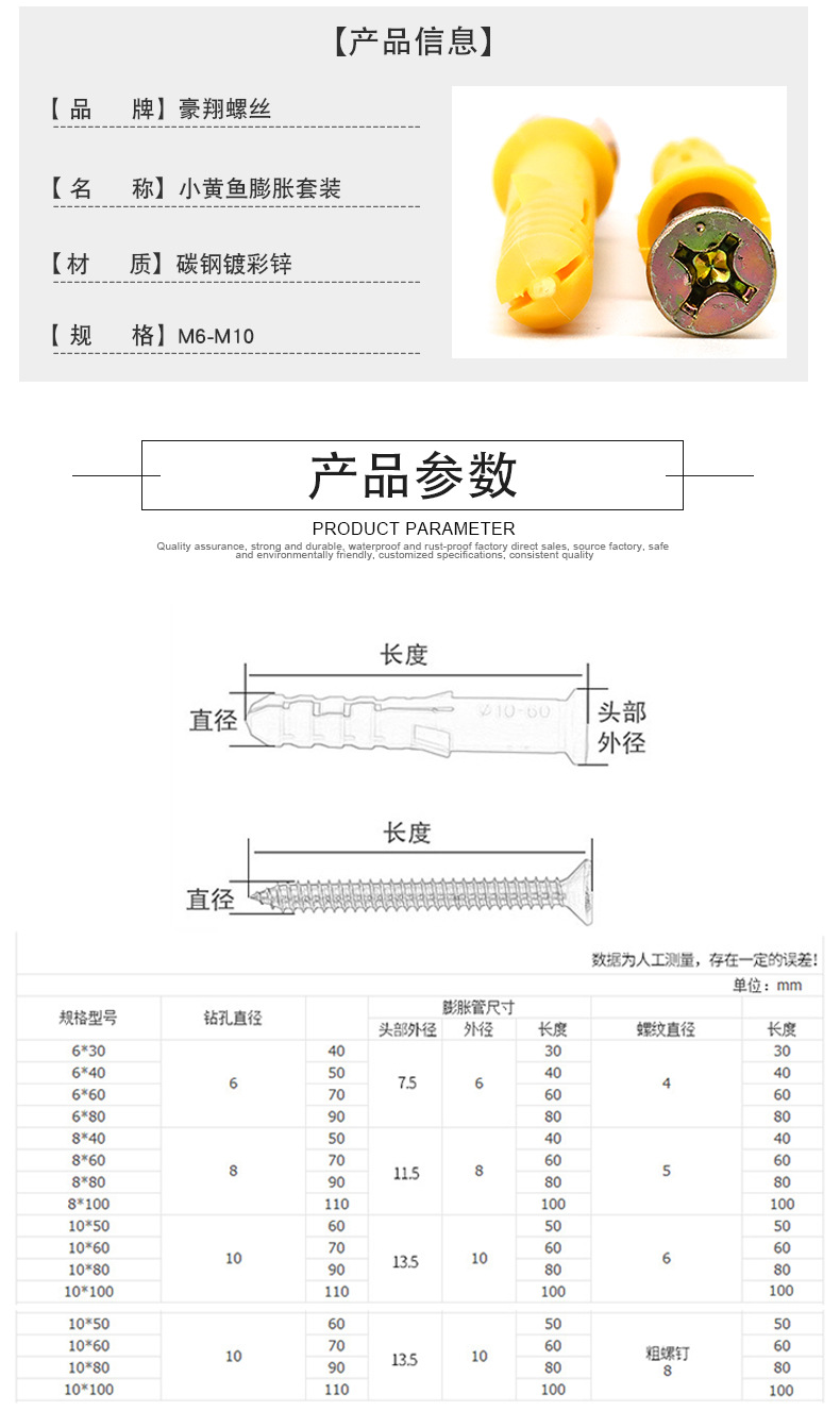 Small yellow fish plastic expansion tube, expansion screw, expansion plug bolt, expansion nail, self-tapping screw, rubber plug set 6/8/10 pic 37