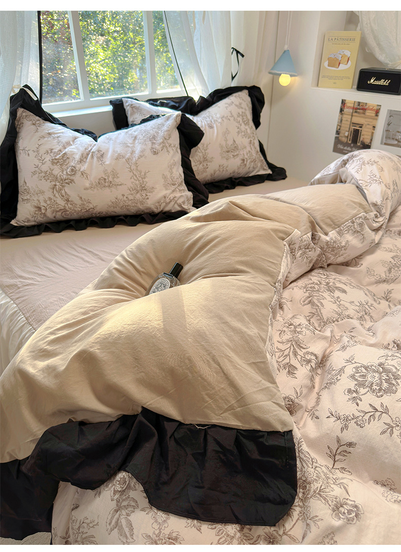 French romantic princess-style lace washed cotton four-piece set, small floral skin-friendly quilt cover, dormitory three-piece set, bed skirt style pic 37