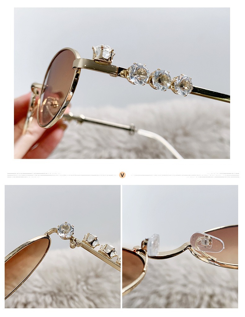 Metal diamond-encrusted oval small frame glasses, ins style cross-border resin anti-blue light glasses, water diamond plain y2k sunglasses pic 14