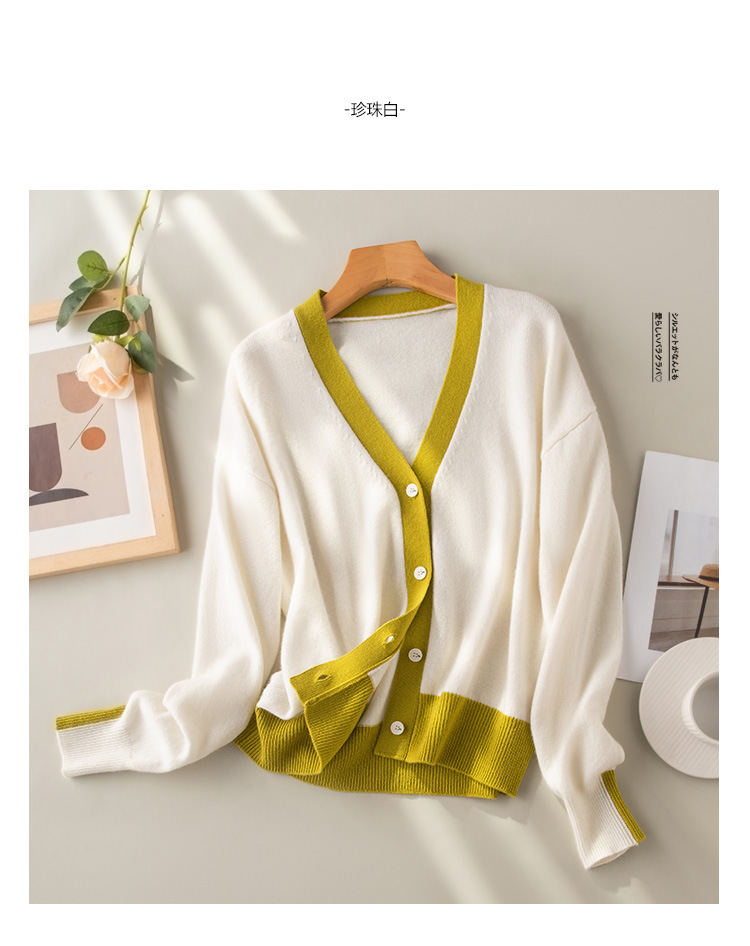 A stylish V-neck contrasting color wool cardigan with a simple and loose, fashionable knitted jacket for women in the autumn of 2024 pic 17
