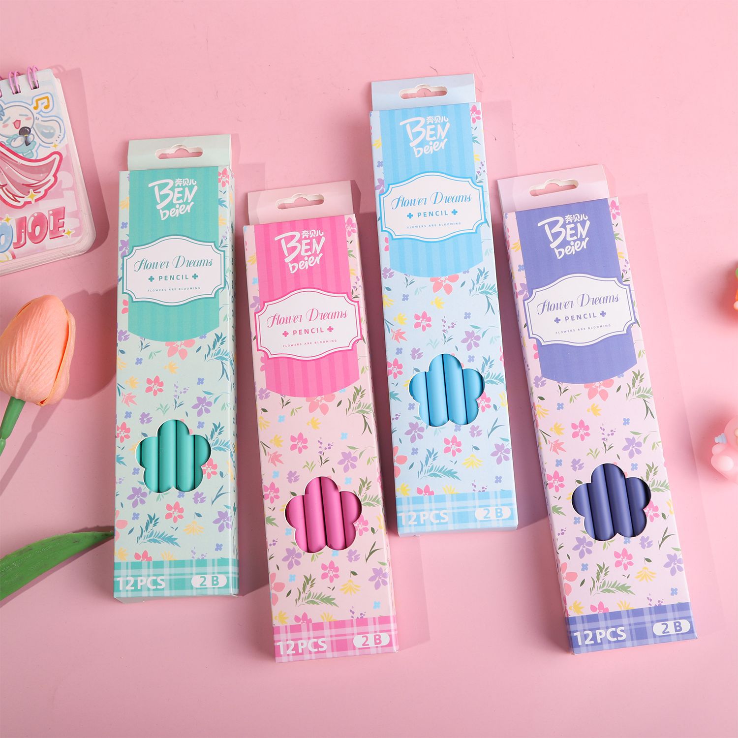 Cartoon and fresh floral print pencils, a special writing stationery for students. 12 cute 2b pencils in a box pic 4