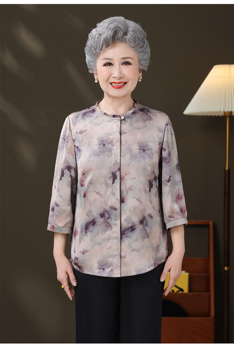 国潮新款妈妈装夏季衬衫中老年人女装上衣国风立领七分袖印花衬衣详情7
