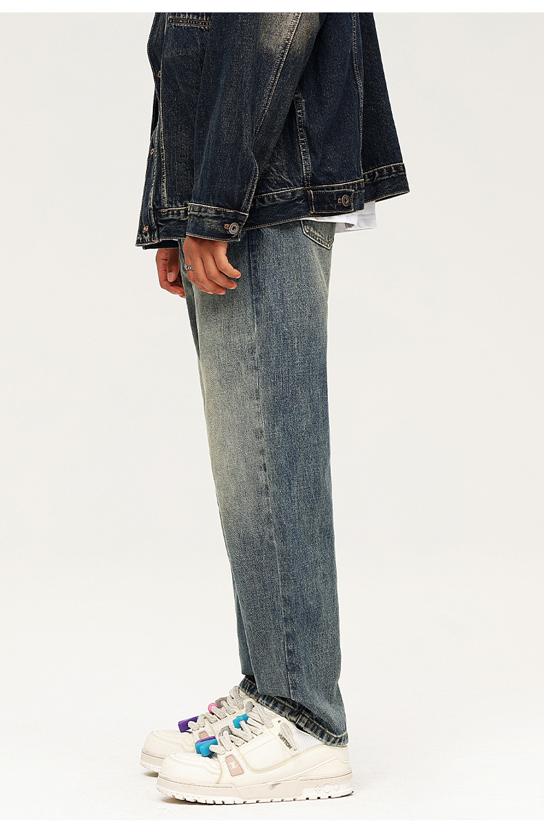 American retro yellow mud-dyed straight-leg jeans for men, vintage washed loose wide-leg pants for men pic 12