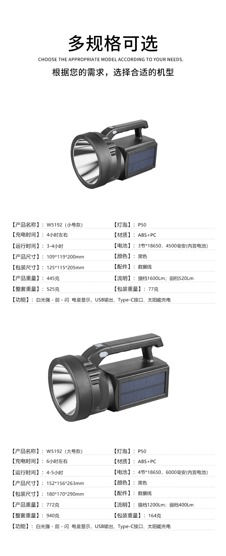 太阳能手提灯W5192充电超亮户外照明家用便携探照灯巡逻矿灯详情7