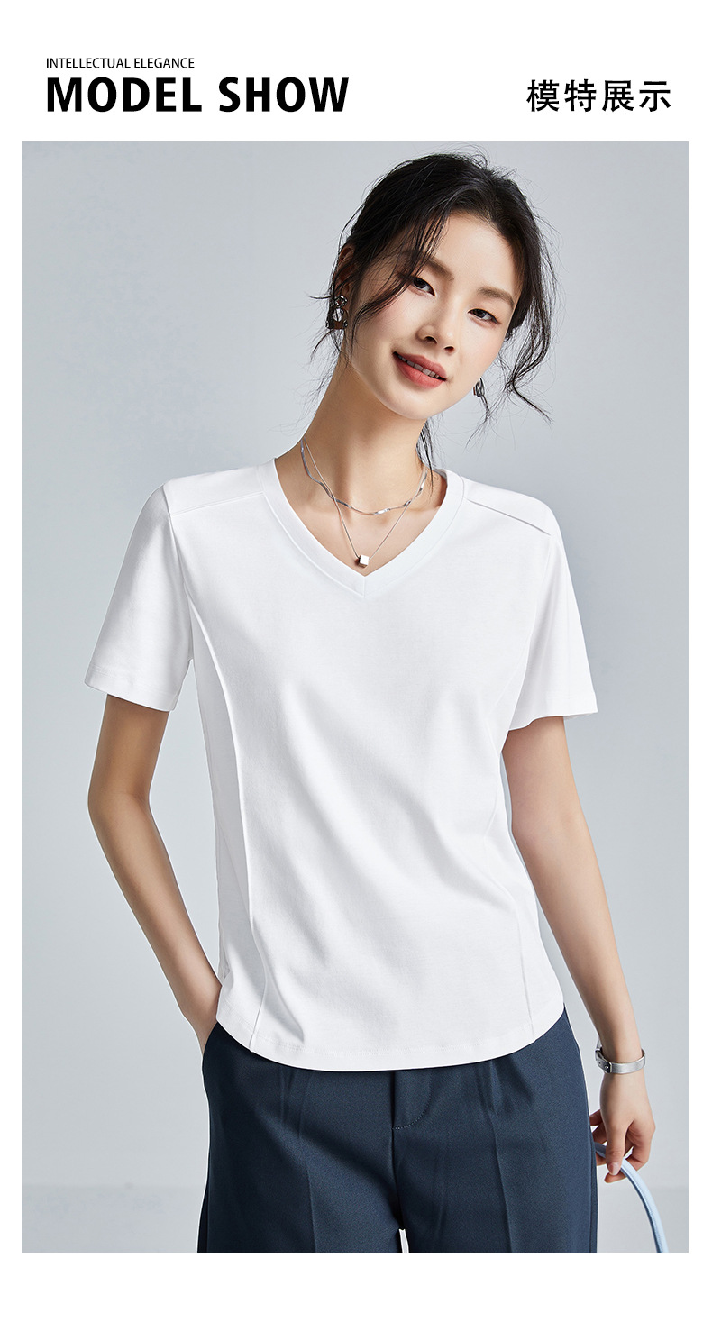 The same style of white short-sleeved off-the-shoulder T-shirt for women in the mall, 25 summer mercerized cotton round-neck base layer T-shirt, half-sleeved pic 37
