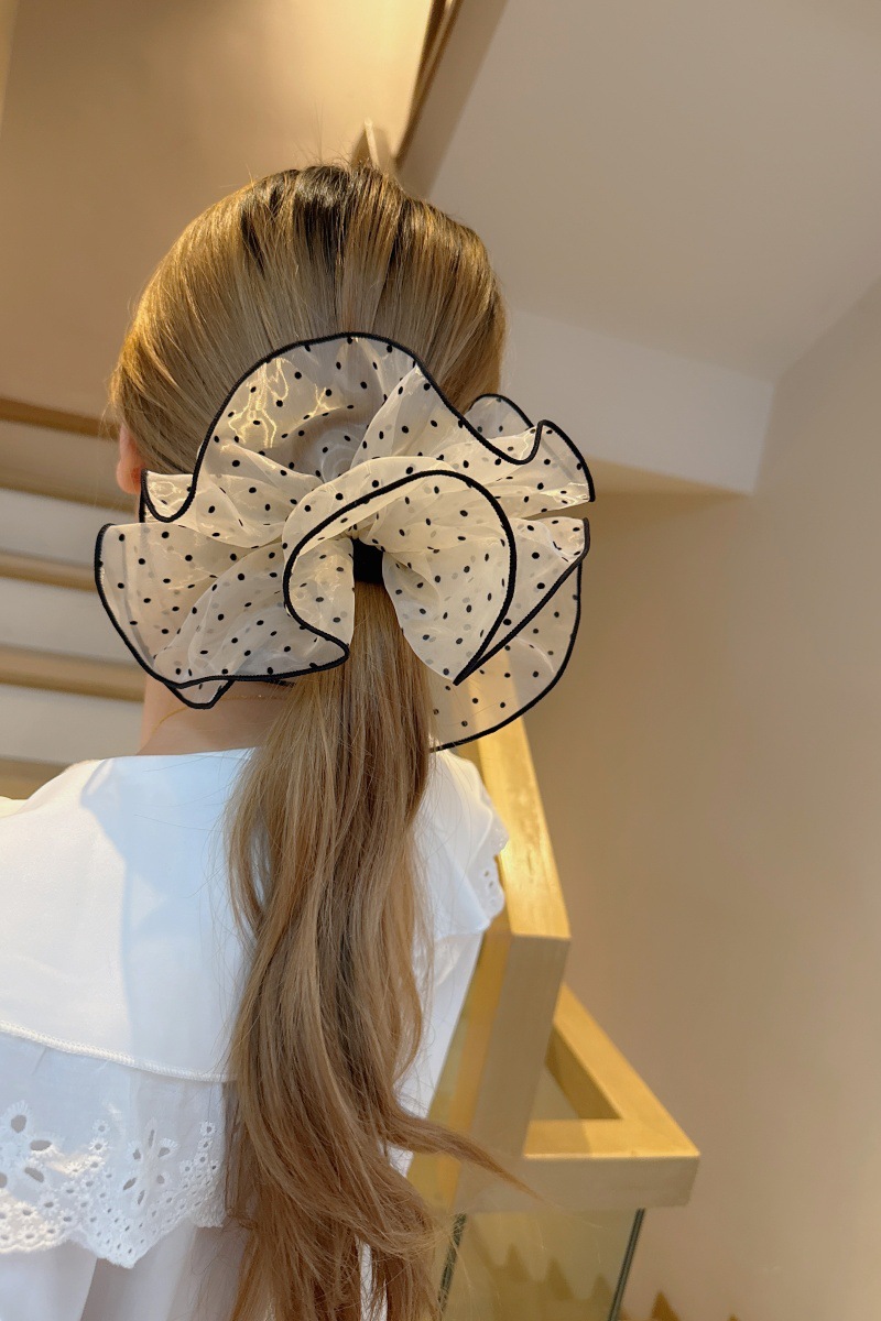The oversized mesh, ruffled black and white polka dot large intestine circle is a versatile, high-end and elegant skirt hem, hair tie, hair flower and hair accessory pic 5