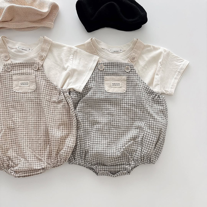 新品日韩风夏季男女儿童背带裤夏季薄款连体衣小童宝宝衣服+短袖T详情8