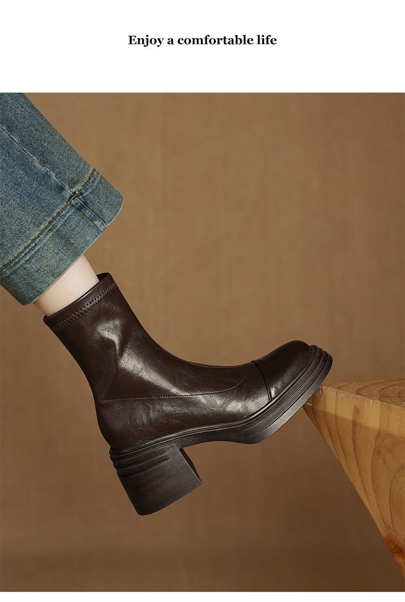 头层牛皮真皮弹力新款瘦瘦靴大码粗跟高跟短靴女秋冬厚底马丁靴详情19