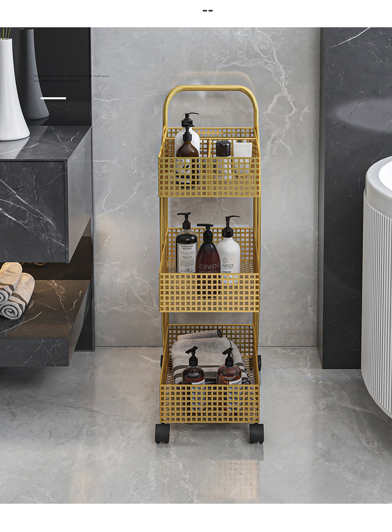 Nordic ironwork shelving, bedroom and kitchen metal Internet celebrity, movable bathroom storage rack, ins wheeled trolley pic 11