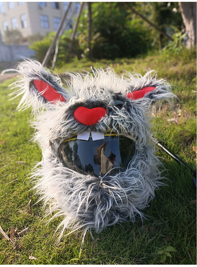 A niche rabbit-shaped personalized riding cartoon plush helmet, headgear, motorcycle face mask, long-haired hat decoration, and a street style pic 15