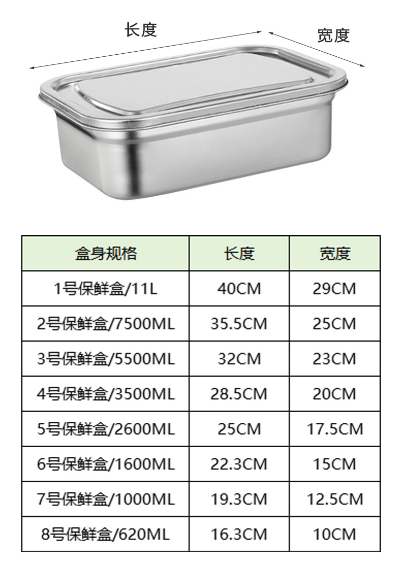 304不锈钢保鲜盒 厨房冰箱密封收纳盒午餐便当盒野餐饭盒留样盒详情13