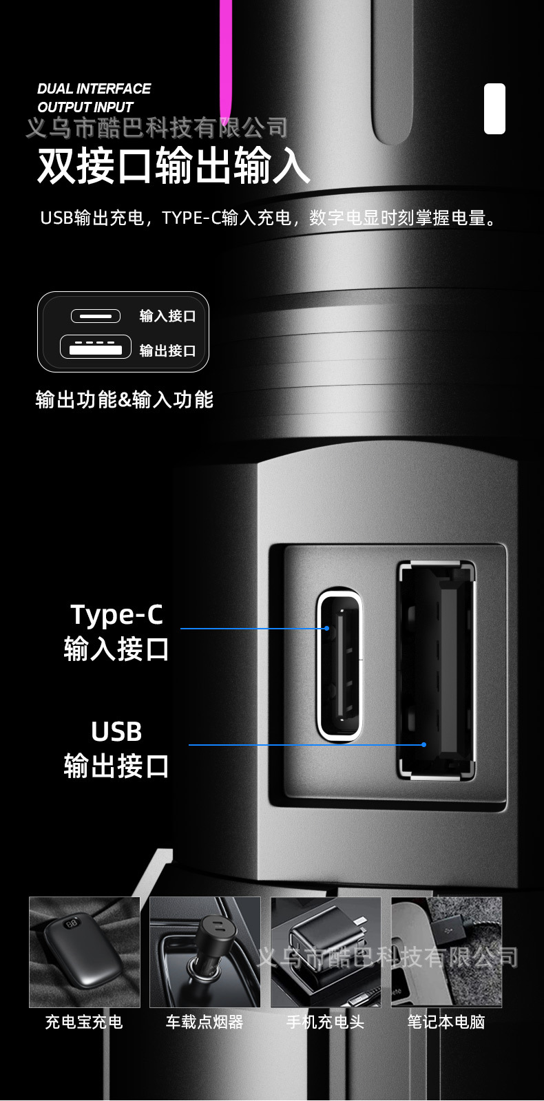 亚马逊强光变焦多功能手电Type-C充电荧光条数字电显白激光手电筒详情19