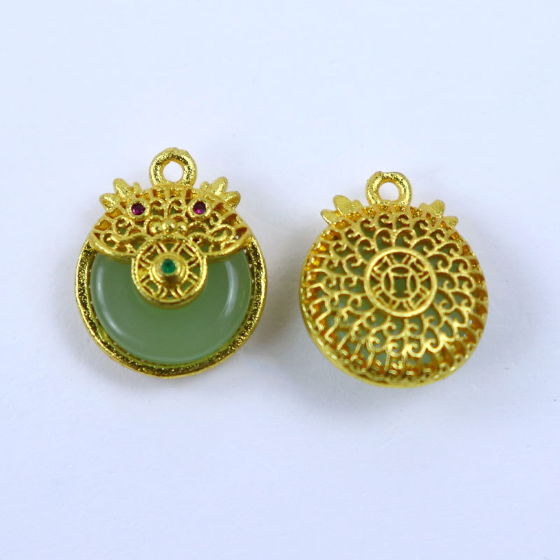 天然保色铜镀金玉石吊坠DIY手工古法镶嵌中国风龙狮挂件配饰项饰吊坠详情8