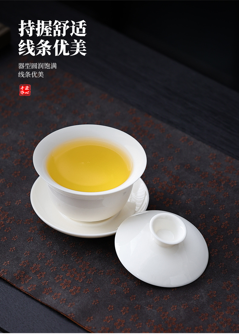 羊脂玉三才盖碗悬停白瓷泡茶碗茶杯薄胎茶具盖碗茶茶碗功夫小号杯详情11