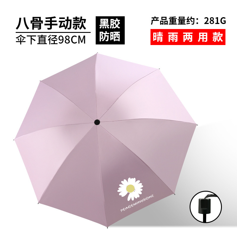 Three-fold small Daisy umbrella factory wholesale black rubber sun protection and UV protection folding umbrella, all-weather and all-weather sunshade umbrella for women pic 9