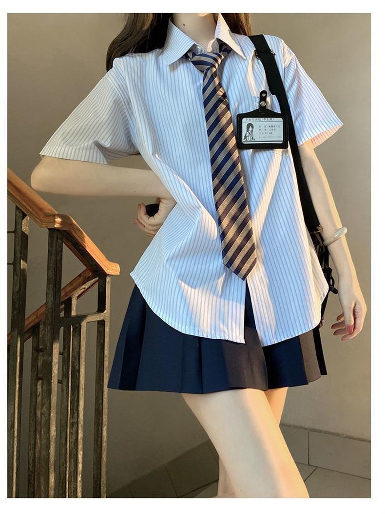 日系jk制服学院风宽松百搭别致条纹衬衫短袖衬衣女夏季新款上衣详情6