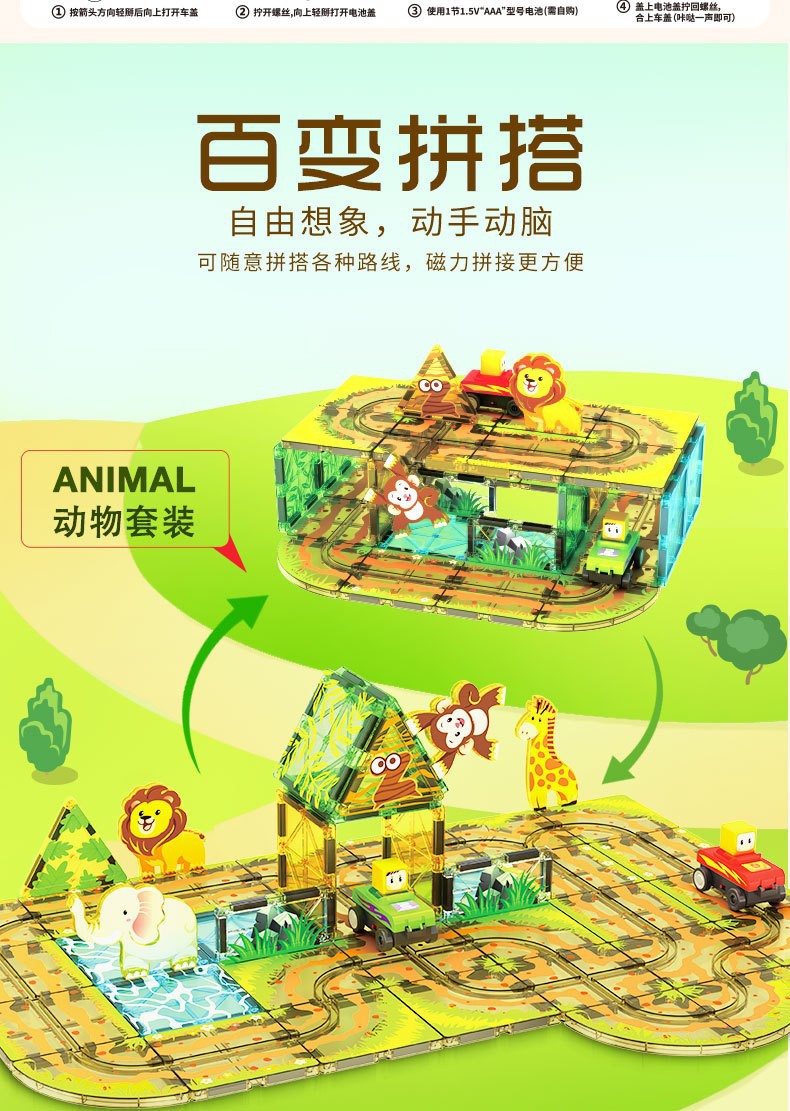 跨境磁力积木强磁电动轨道车城市交通建筑彩窗磁力片儿童益智玩具详情4