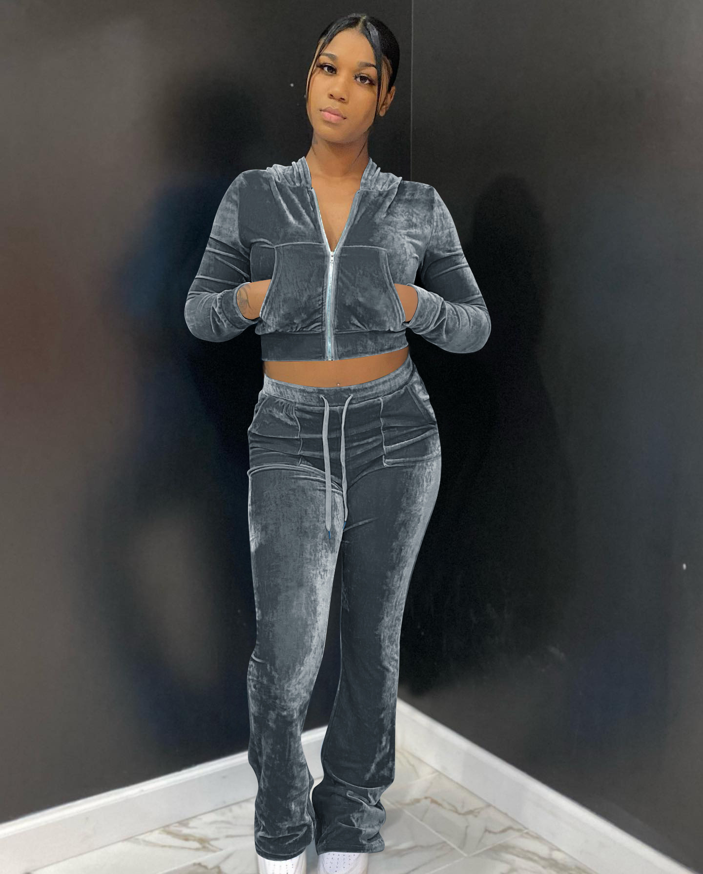 Solid color gold velvet wide-leg pants two-piece set pic 20