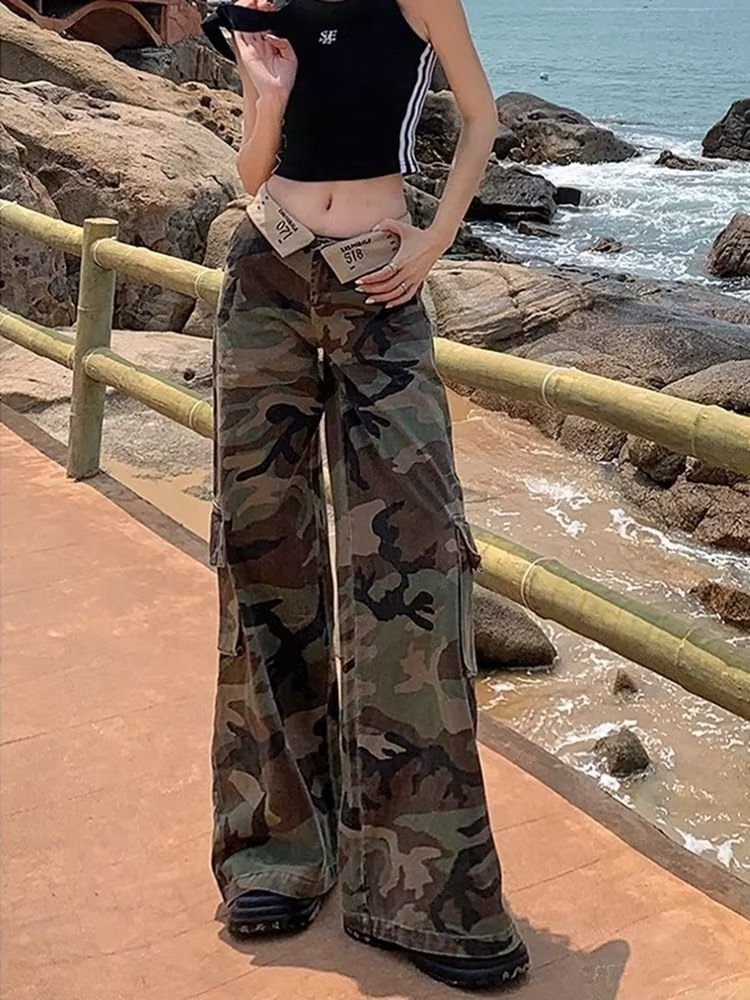 美式复古迷彩工装裤女2024夏季新款低腰高个子宽松垂感阔腿牛仔裤详情1