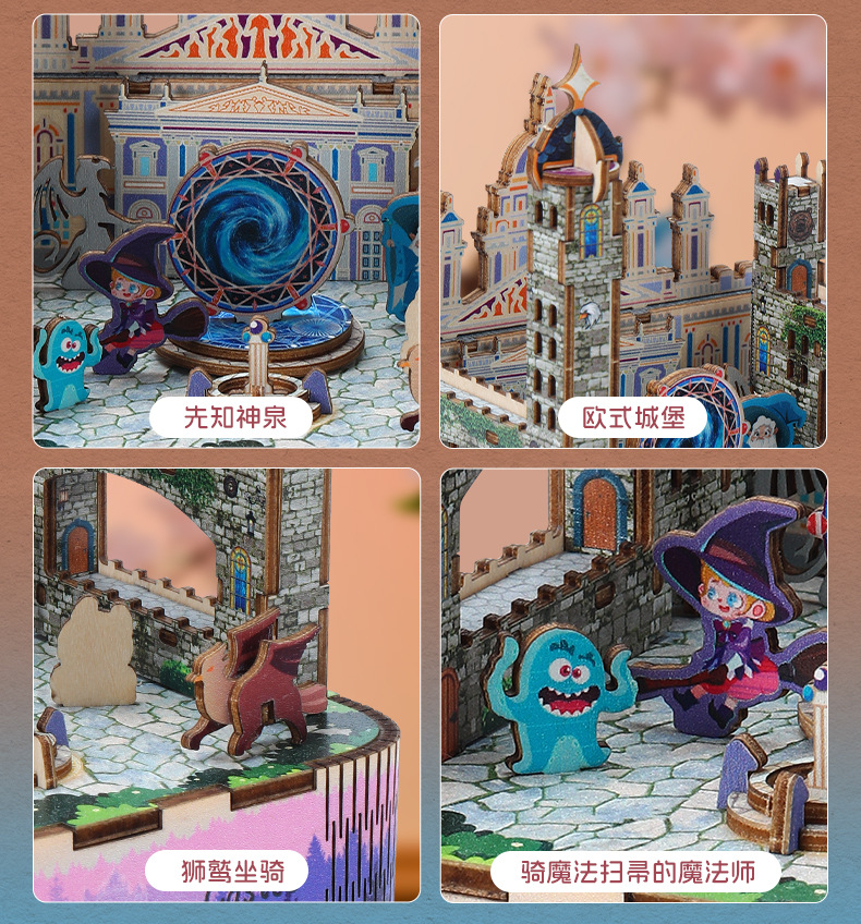 Wooden assembly DIY music box, fun cultural and creative Alice Tea Party, Magic castle music box, classic replica assembly handcrafted gift pic 15