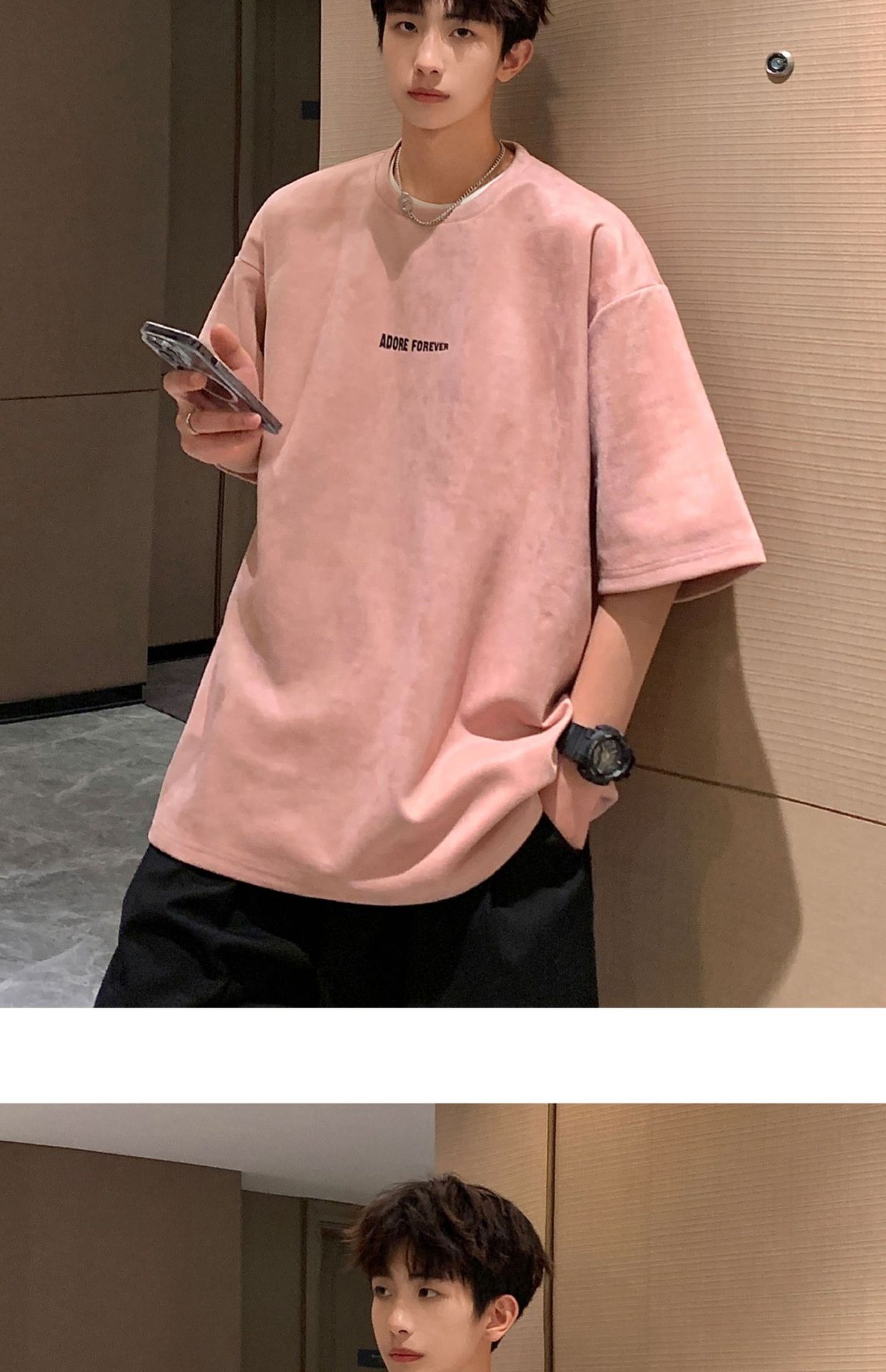 Avocado Green 320g heavyweight T-shirt for men, American retro suede short-sleeved, oversized small collar, three-quarter sleeve pic 33