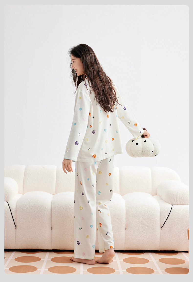 A类天丝棉莱赛尔睡衣女秋猫爪印长袖长裤睡衣春秋女士家居服套装详情29