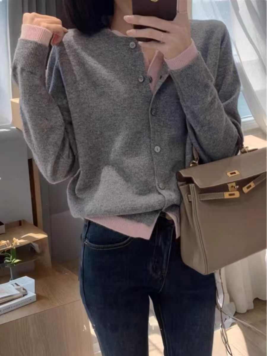 100%羊毛衫韩系拼色女高级慵懒风假两件圆领针织开衫叠穿毛衣外套详情16