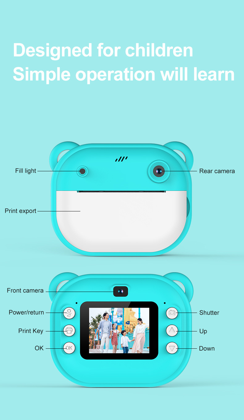 跨境新款儿童拍立得打印相机高清双镜头可拍照录像玩具礼盒代发详情9