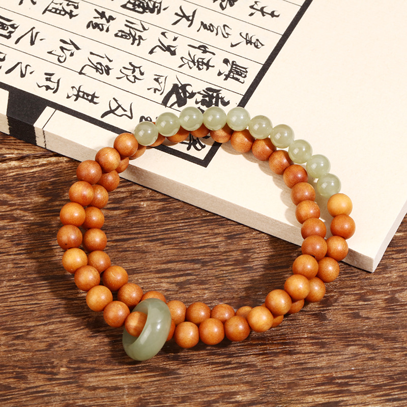 国潮青山黛复古芭比檀文玩双圈佛珠盘玩手饰品 和田玉跑环手串 国潮风格 精致手链 玉石手串详情7