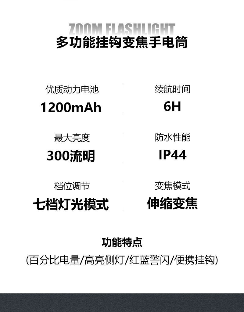 跨境新款多功能户外照明手电筒便携带挂钩数字电量显示COB侧灯详情3