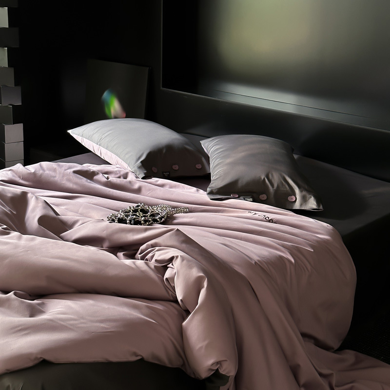 Simple, light luxury and fashionable solid-color long-staple cotton four-piece set, pure cotton letter-embroidered duvet cover, double bedding pic 119