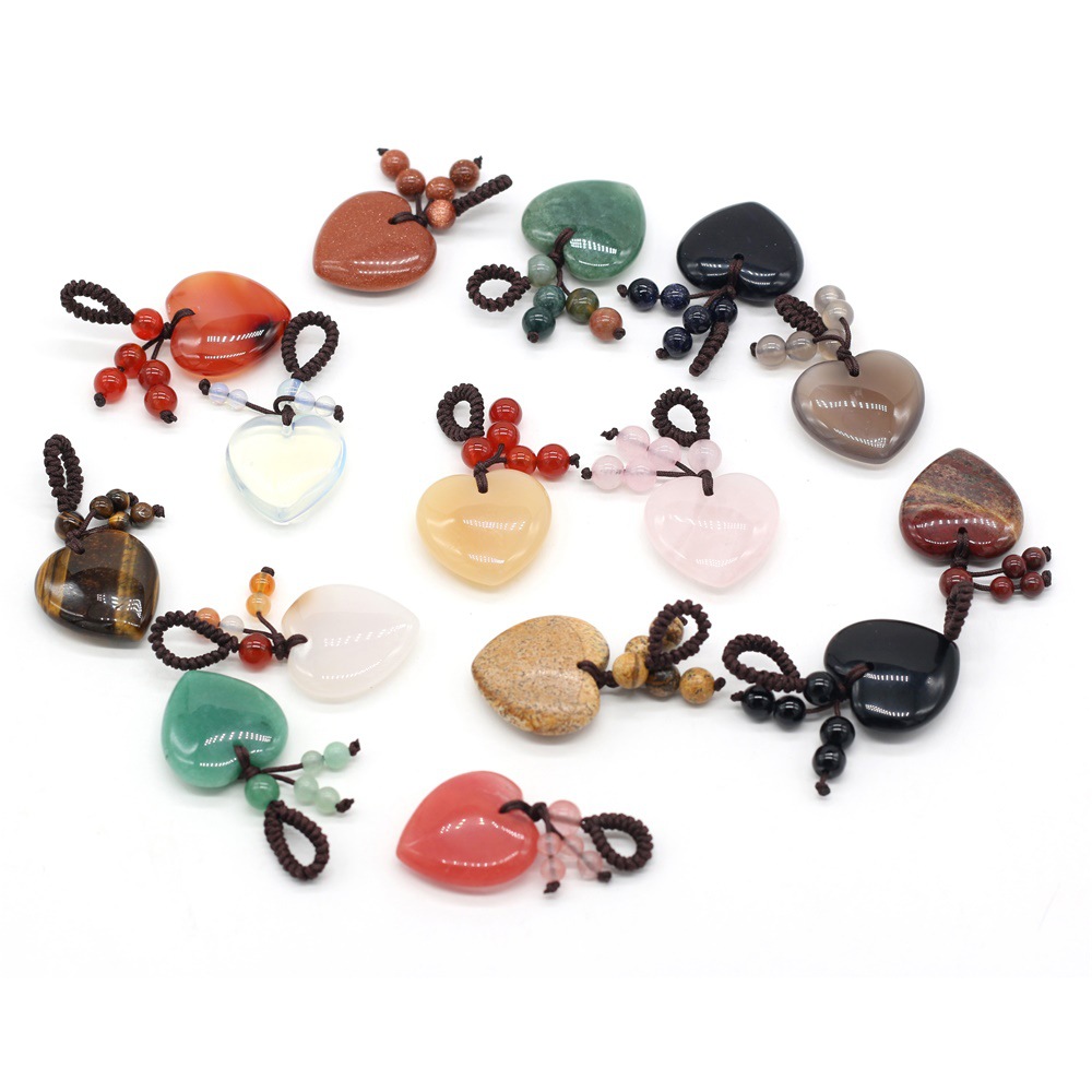 Natural stone heart-shaped semi-precious stone keychain DIY accessory heart-shaped keychain fashion dress accessory chain pic 2