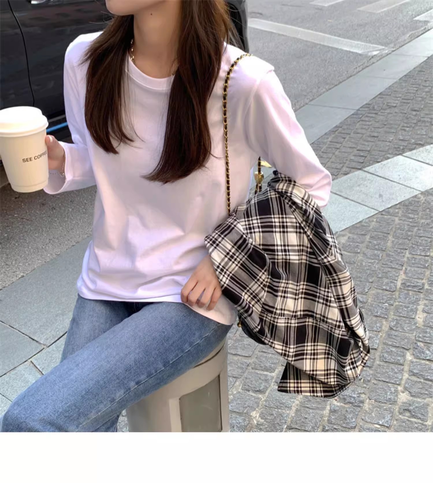 正肩长袖T恤女2023新款秋冬内搭纯棉宽松打底衫韩版白色男女上衣详情9