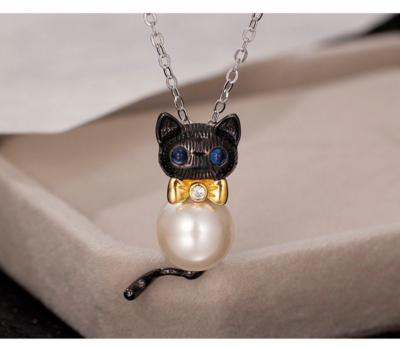 S925 sterling silver Little Cat pendant, a niche design for women with a sense of high-end color contrast pendant, DIY accessory, silver empty stand pic 8