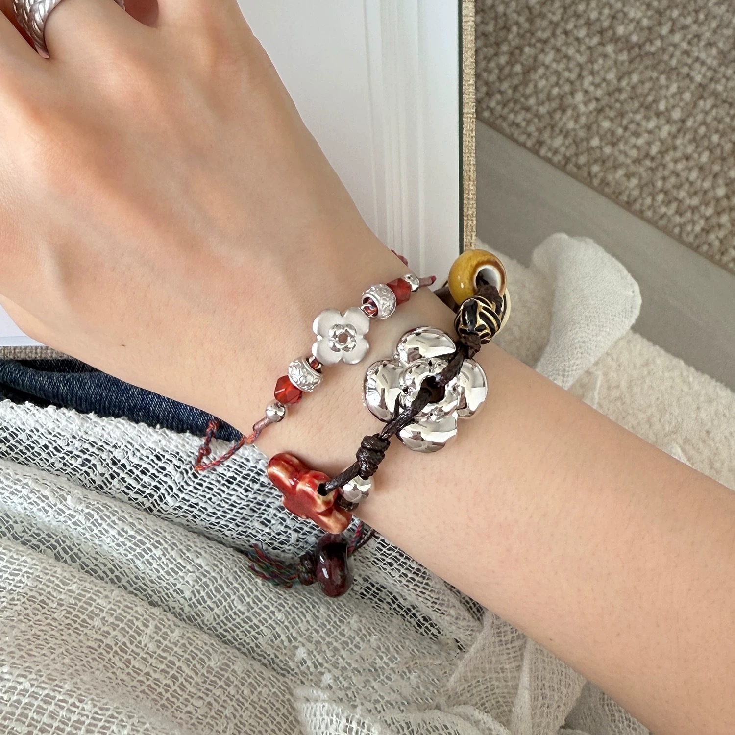 PIC*家野兽派花朵编织手链爆款小众简约藏族风陶瓷花木珠编织手链详情7