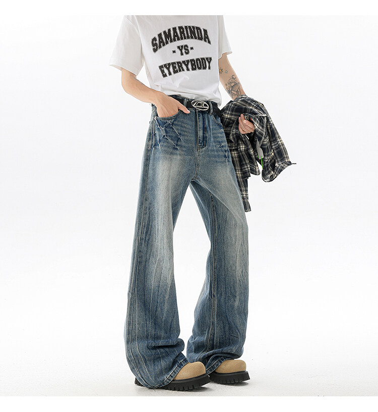 190高个子加长牛仔裤cleanfit闪电裂纹男款潮牌设计感直筒微喇裤详情10