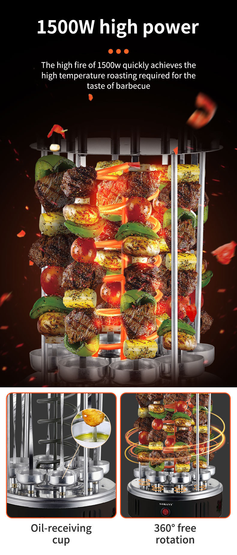 SOKANY6113 barbecue grill for home use, fully automatic rotary skewer grilling plate for beef and mutton skewers pic 6