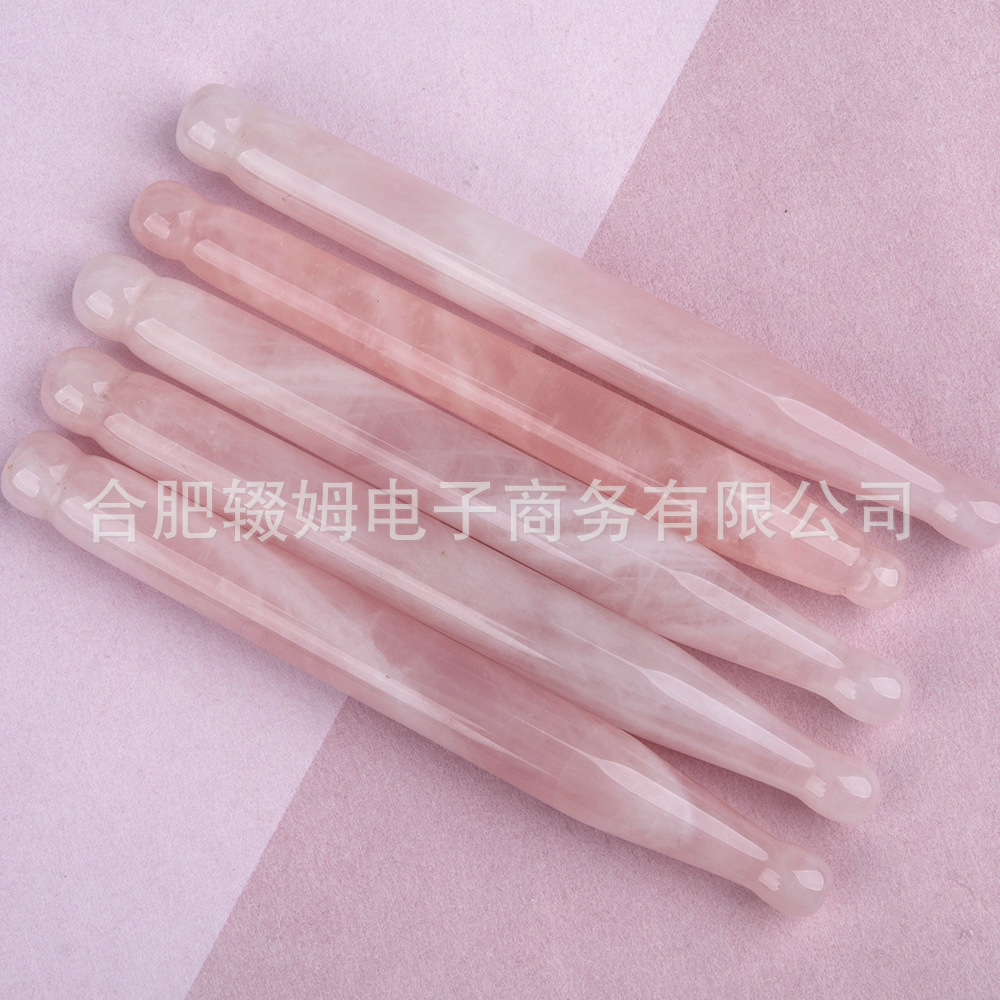 批发外贸天然粉晶玉石按摩器脸部面部刮板质感温润手工打磨穴位笔详情6