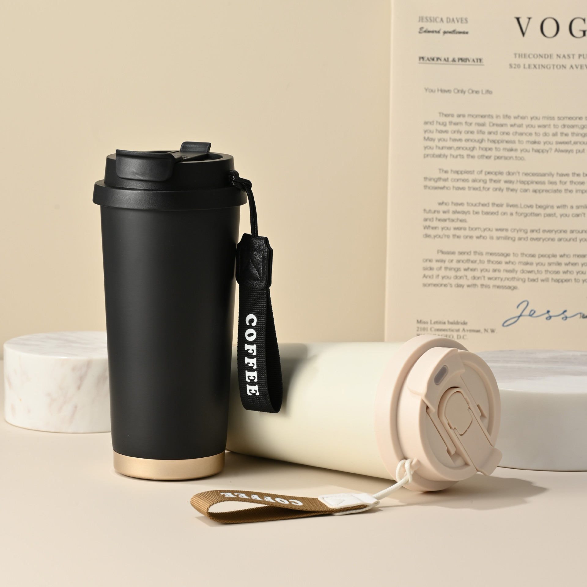 铃兰花简约陶瓷咖啡杯高颜值车载随行便携吸管双饮水杯办公礼品杯详情2