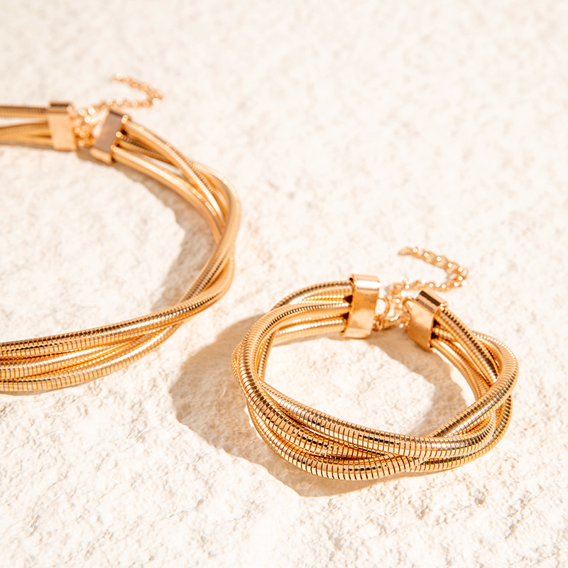 亚马逊跨境个性多层铁弹性蛇骨麻花项圈手链朋克风夸张首饰套装女详情3